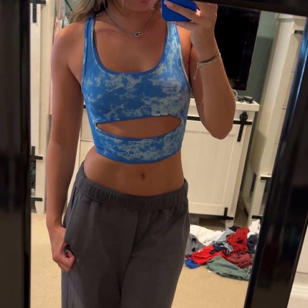 Blue Tie-Dye Cutout Crop Top
